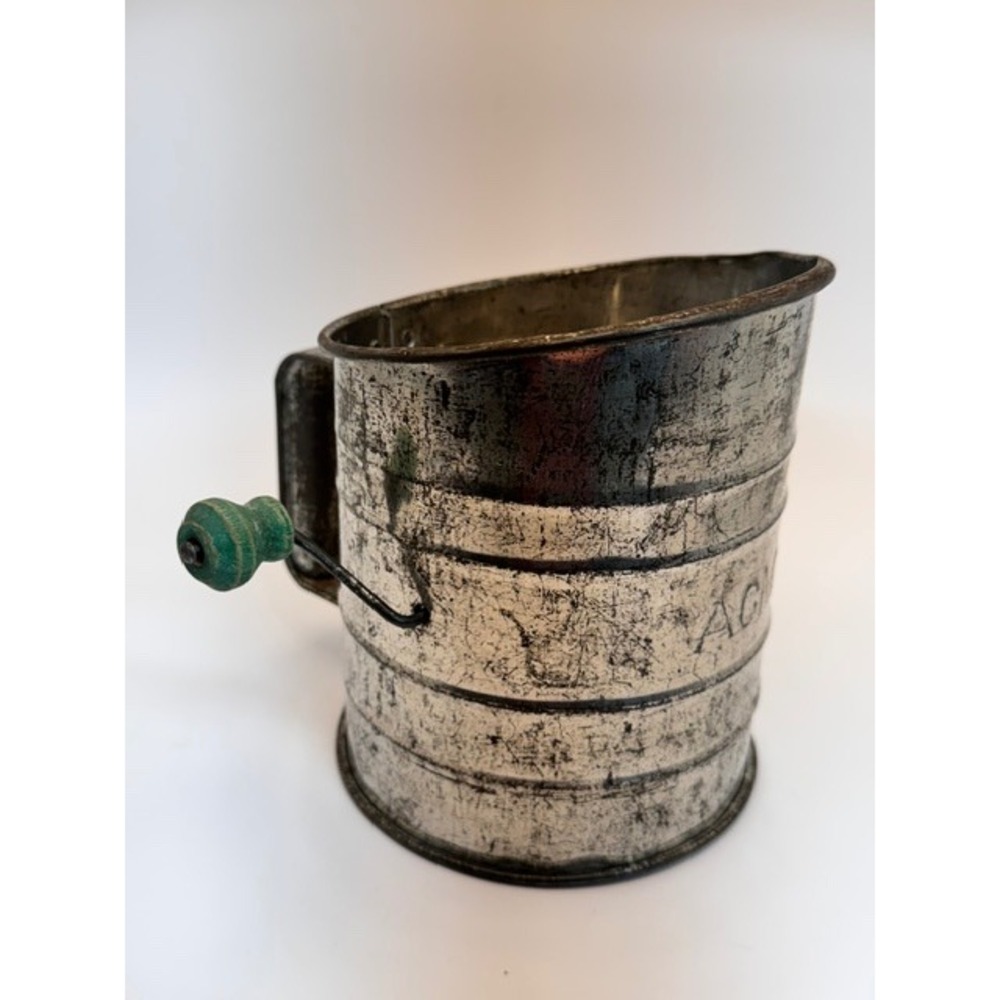 Vintage Acme Flour Sifter Tin Hand Crank Green Wood Knob Farmhouse Kitchen Decor